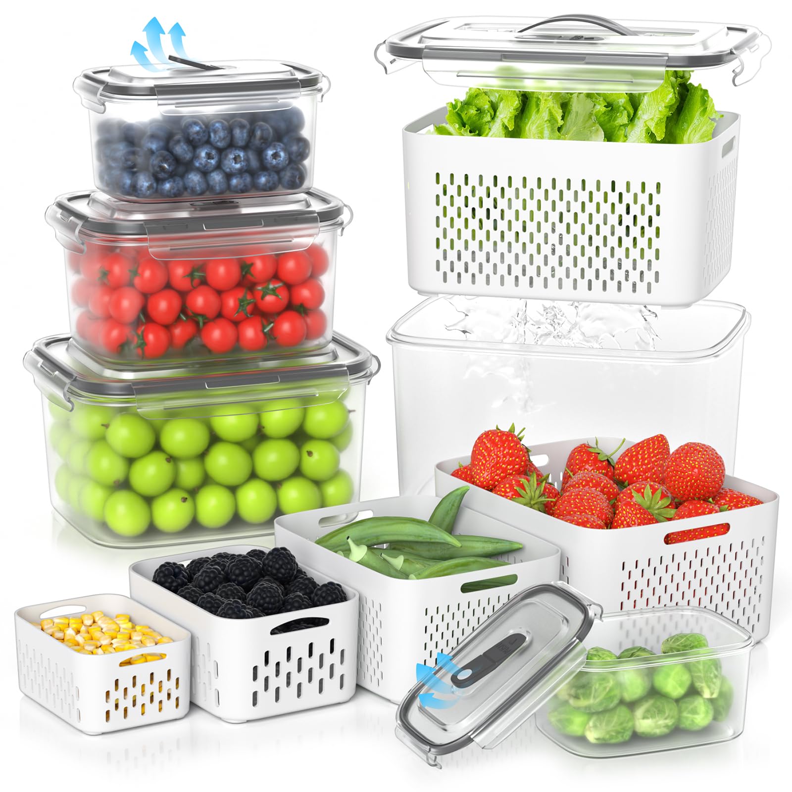 damynuo 5 Pack Fruit Storage Containers for Fridge - Clear Berry Containers with Colander, Airtight Fridge Organizer Bins with Vent Handle Lids for Refrigerator Organizers and Storage Keep Fresh