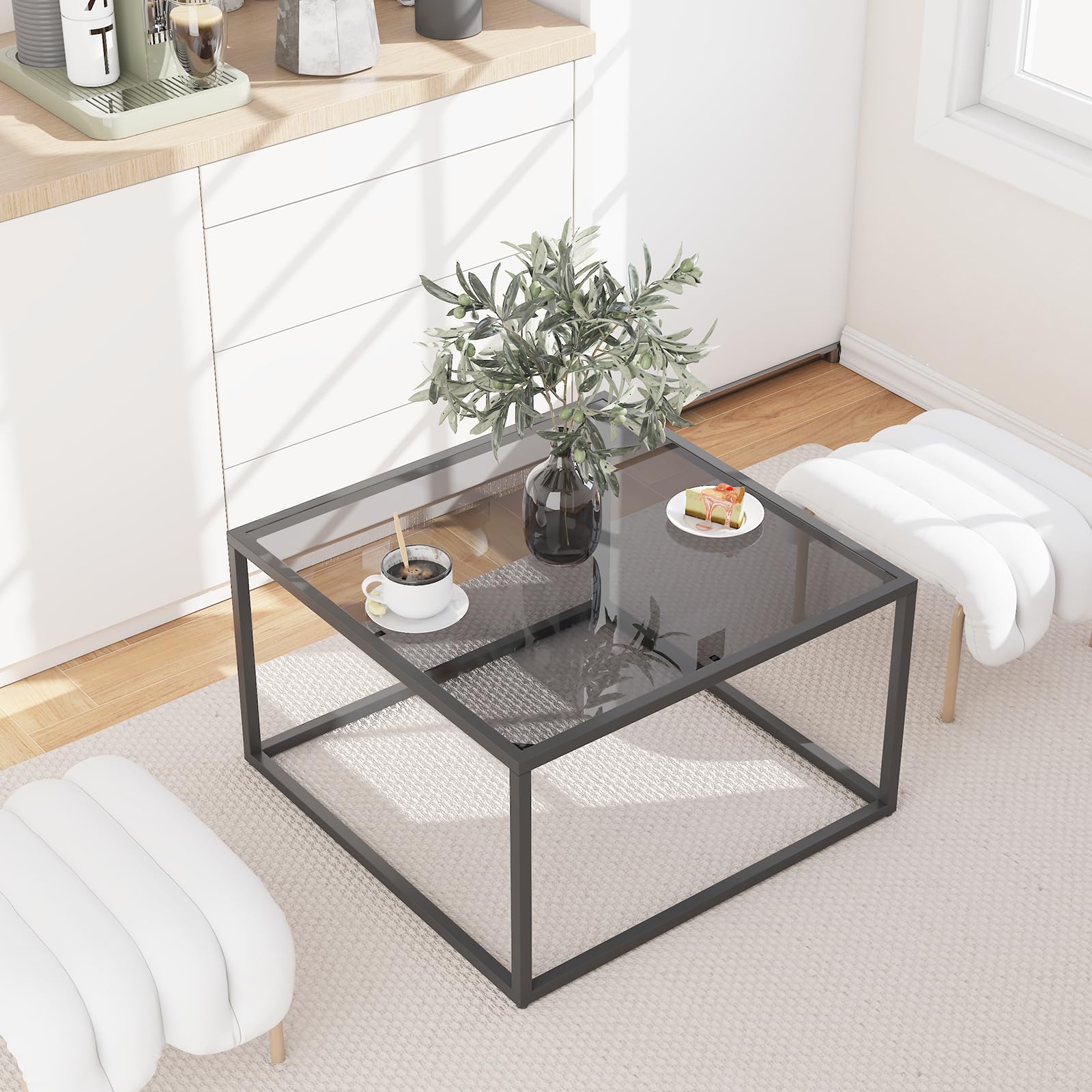 YMYNY Glass Coffee Table, Tempered Glass Square Coffee Tables with Metal Frame, Unique Modern Table for Living Room Home Office 26.77" x 26.77" x 15.75", Black Grey, UHCT001H