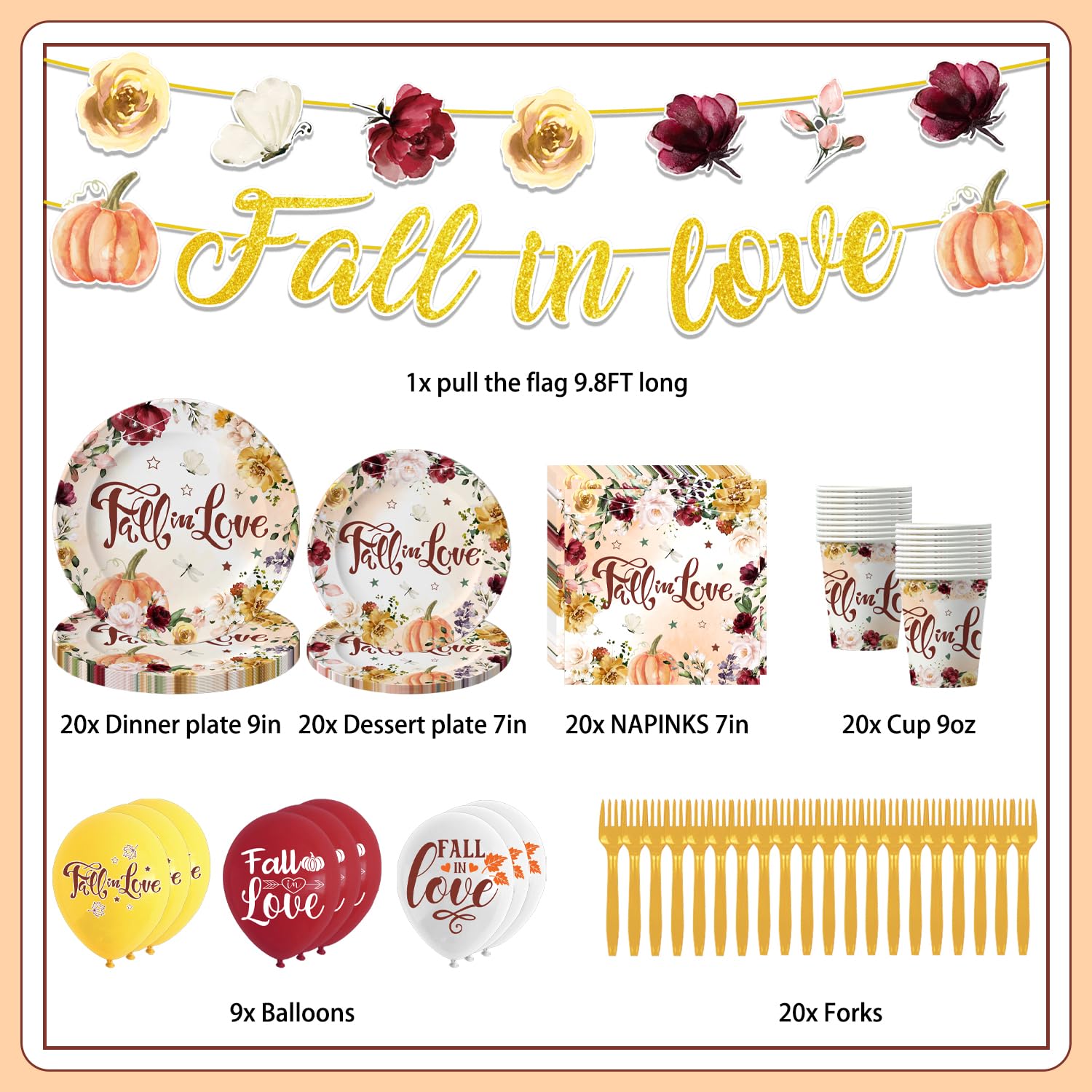 Fall in Love Bridal Shower Decorations Tableware 111pcs Romantic Theme Fall Wedding Decorations Set Include Plates,Napkins,Cups,Forks,Balloons,Waterproof Tablecloth and Banner for 20 Guests