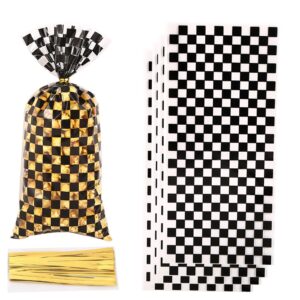 cstywc 50 pieces cellophane car candy bags black white checkered racing treat bags plastic race gift goodie bags with 50pieces twist ties for cars birthday party decorations