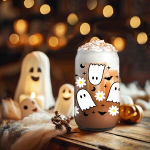 GSPY Cute Ghost Cups, 16oz Halloween Glass Cups with Lids and Straws, Spooky Bat Daisy Iced Coffee Tumbler, Fall Coffee Mug - Boo Basket Stuffers, Halloween Gifts for Women, Adults, Girls, Her