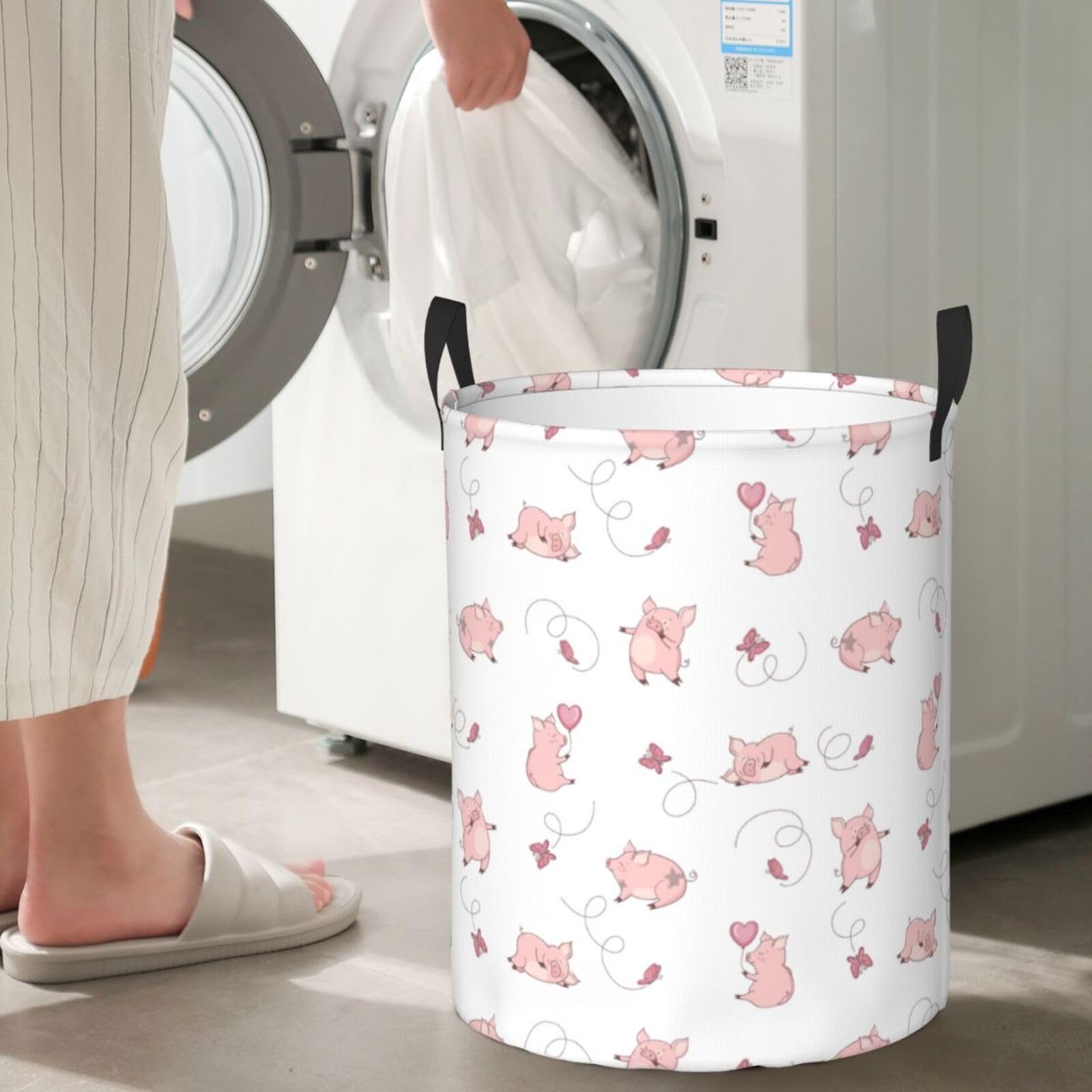 Large Laundry Basket with Handles - Butterfly Cute Pig Pink Baby Kids Dirty Clothes Laundry Hamper