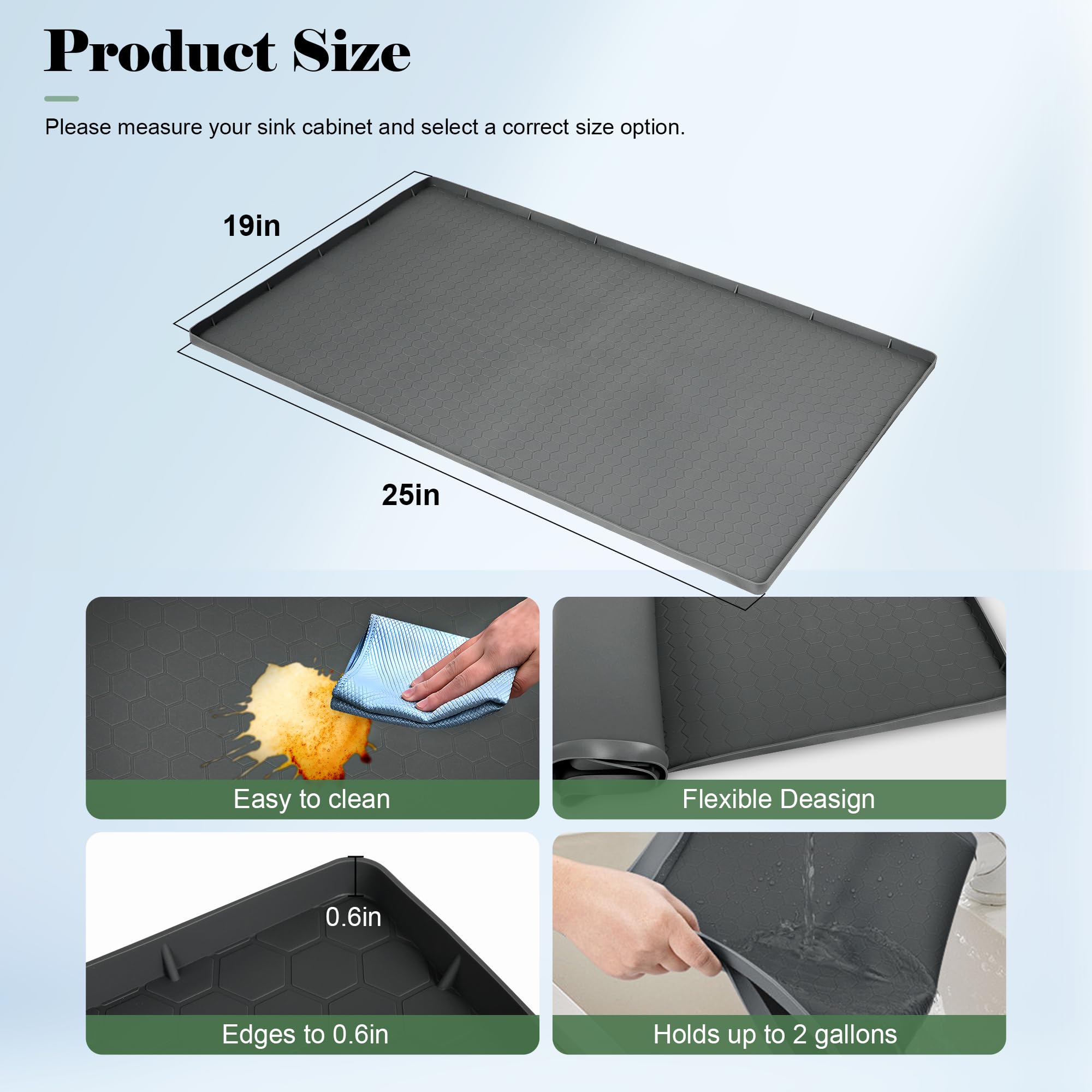 25” x 19” Waterproof Under Sink Mat for Bathroom/Kitchen - Silicone Cabinet Liner Shelf Protector Organizer,Leaks Flexible Drip Tray- Holds 3.5 Gallons - Dark Gray