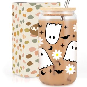 gspy cute ghost cups, 16oz halloween glass cups with lids and straws, spooky bat daisy iced coffee tumbler, fall coffee mug - boo basket stuffers, halloween gifts for women, adults, girls, her