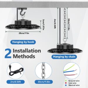 200W High Bay LED Light 2 Pack, 28000LM High Bay LED Shop Lights with 6.56FT Cable US Plug, 11.8in Metal Chain, Driver, UFO LED Light 6500K IP65 Commercial Bay Lighting for Warehouse Shop GYM