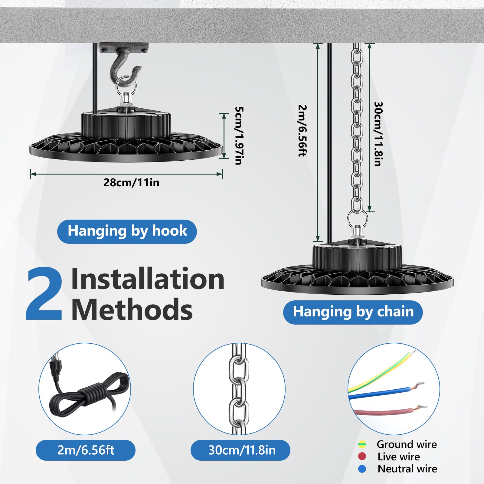 200W High Bay LED Light 2 Pack, 28000LM High Bay LED Shop Lights with 6.56FT Cable US Plug, 11.8in Metal Chain, Driver, UFO LED Light 6500K IP65 Commercial Bay Lighting for Warehouse Shop GYM