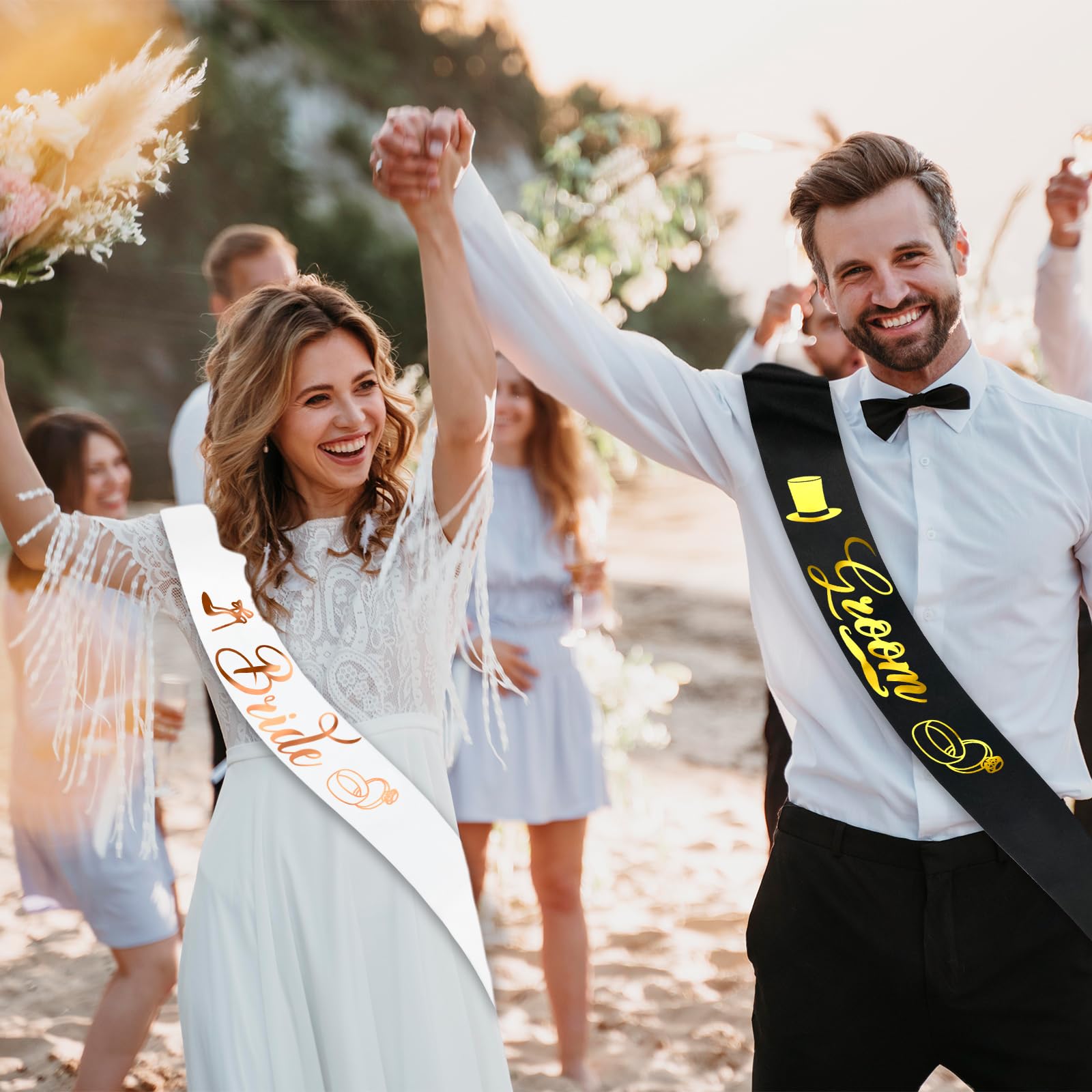 2 Pcs Bride and Groom Sash with Gold Foil, Bachelorette Party Sash, Bride and Groom to Be Sash for Bridal Shower Wedding Hen Party Decorations Engagement Gifts (White, Rose Gold & Black, Gold)