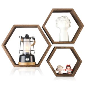 beardo decor 3-pack hexagon shelves for wall wood floating shelves honeycomb shelves for wall wooden shelves for bathroom kitchen bedroom living room floating wood shelves for home decor (dark color)