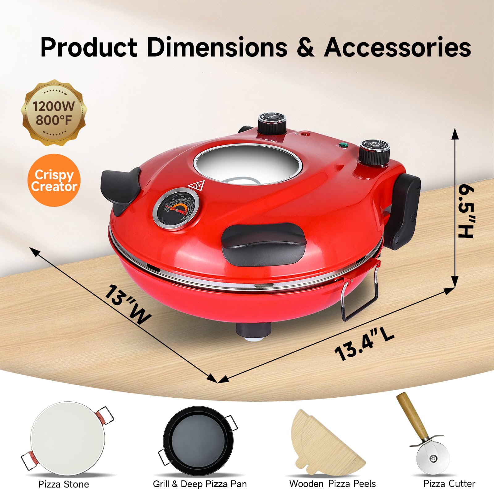 Upgrade Davivy 12" Indoor Electric Pizza Oven with Timer & Stone & Grill Pan, Countertop Pizza Oven Heats up to 800˚F, Portable Indoor Pizza Oven Cooker Countertop, Electric Indoor Pizza Cooker -Red