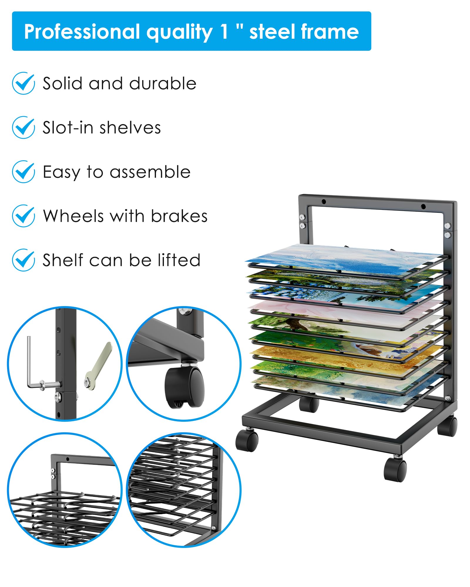 WISIMMALL Art Drying Rack, Paint Drying Rack with 9 Removable Shelves,Wall Art Storage Drying Rack with Wheels for Classrooms & Art Studios(9 Shelves)