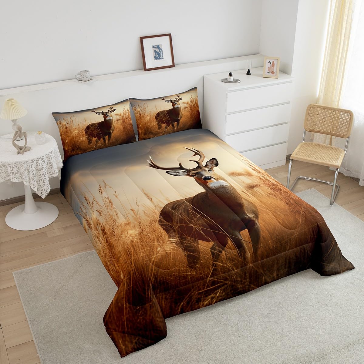 Feelyou Deer Comforter Set Forest Hunting Bedding Set for Kids Boys Girls Wild Animal Quilt Set Western Farmhouse Comforter Queen Size