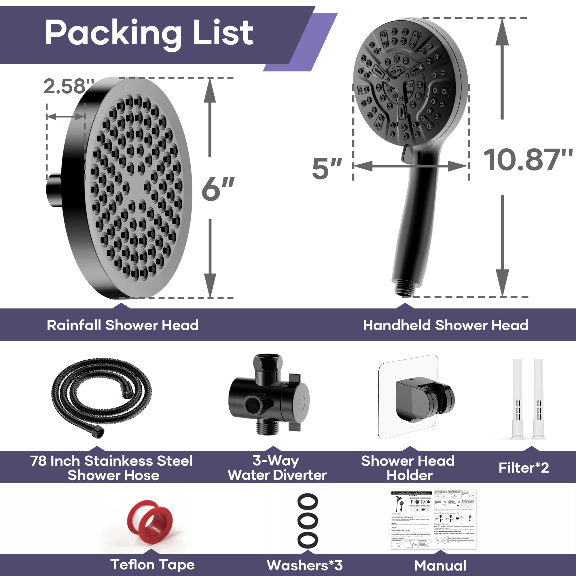 UltrTxenova Shower Head with Handheld Spray Combo, High Pressure Black Shower Head with Filters 10-Mode Rainfall Double Shower Head 78" Hose