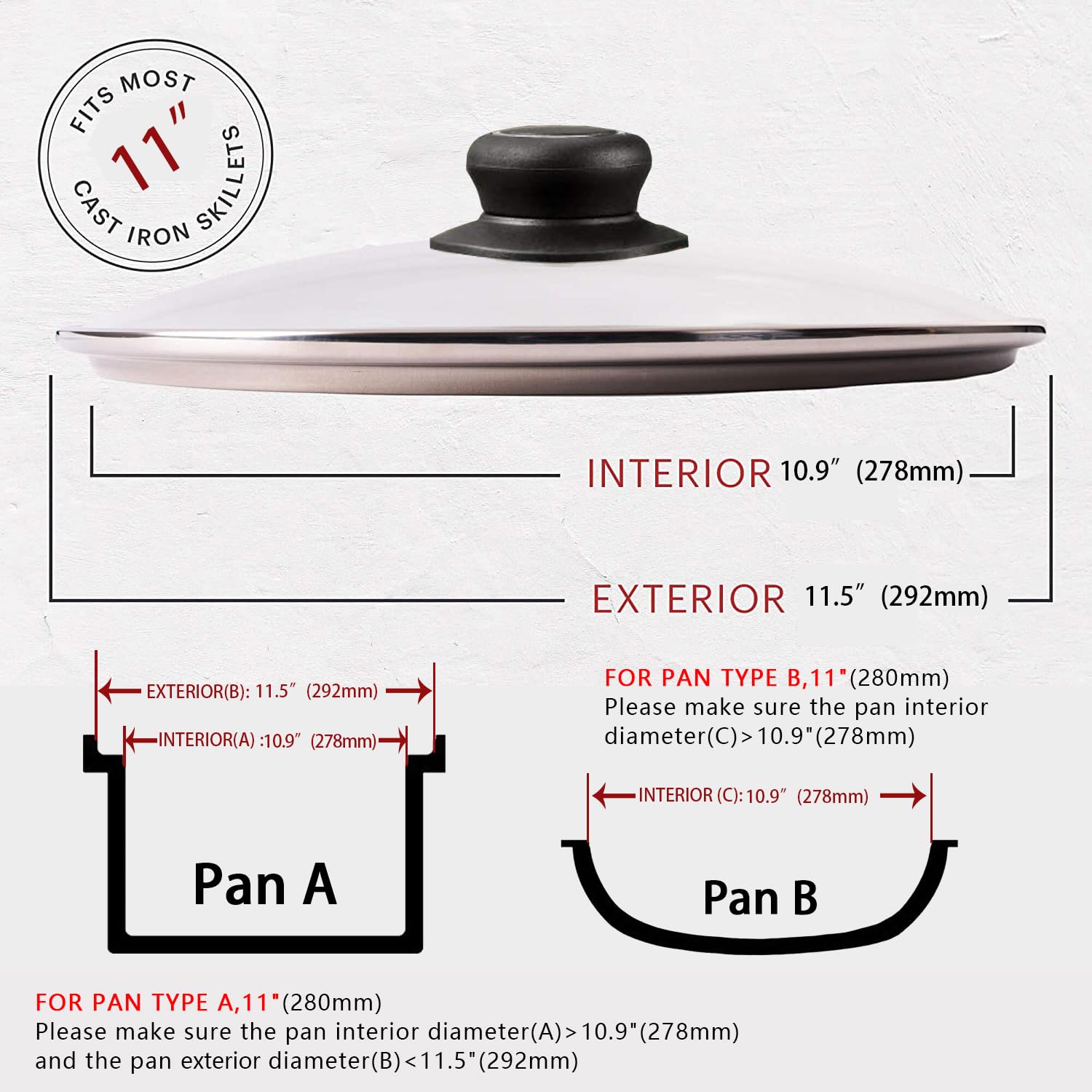 11 Inch Glass Lid for Frying Pan, Fry Pan Lid, Skillet Lid, Pan Lid with Handle,- Fully Assembled Tempered Replacement Cover, 11"/28cm