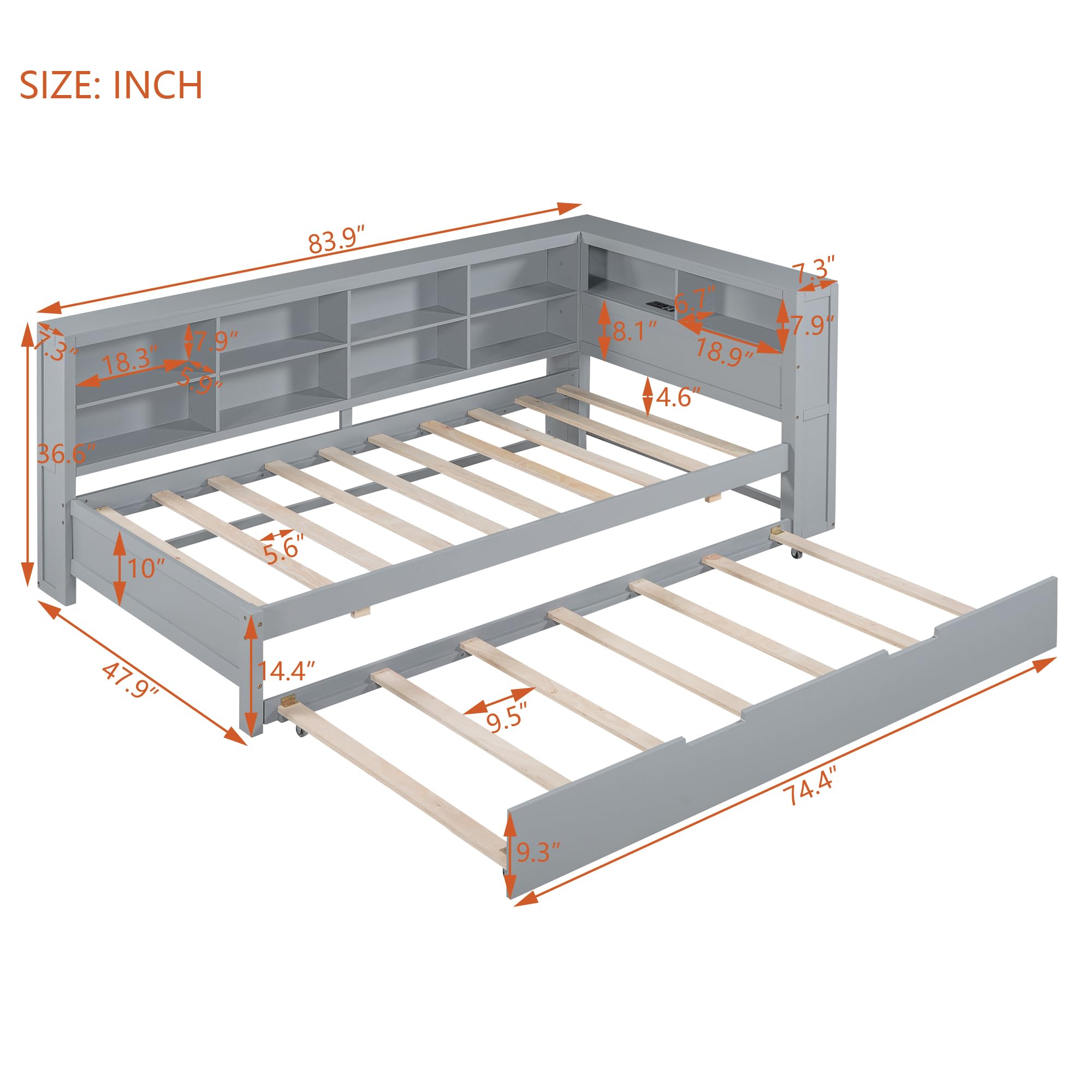 Twin Daybed with Trundle and Bookcase Headboard, Wood Platform Bed Frame with Charging Station and Storage Shelves, USB Port and Outlet Plug, No Box Spring Needed, Gray