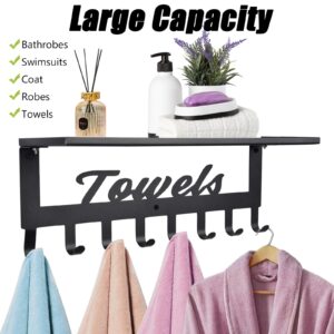 Towel Rack with Shelf for Bathroom - Metal Towels Rack Hanger, Space Saving Towel Holder Rack, Wall Mounted, 8 Hooks, Towel Organizer for Coat Robe Bathrobe in Home Pool Bedroom Beach Living Room