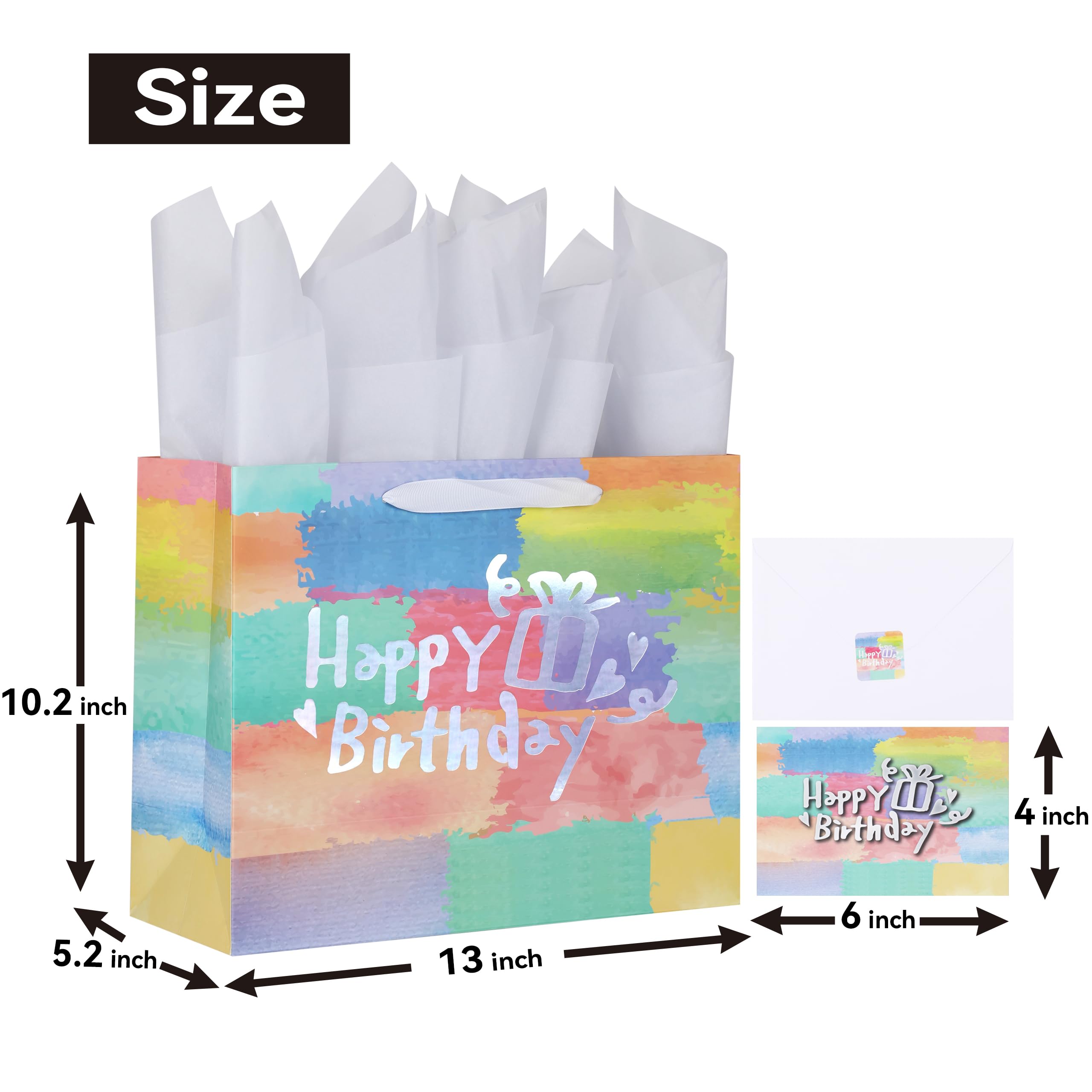 13" Large Colorful Gift Bag Set with Greeting Card and Tissue Papers (Laser Foil 'Happy Birthday’) for Women's or Men's Birthday Party, Boys', Girls', or Kids' Parties, Baby Shower - 13”x5.2”x10.2”, 1 Pcs.