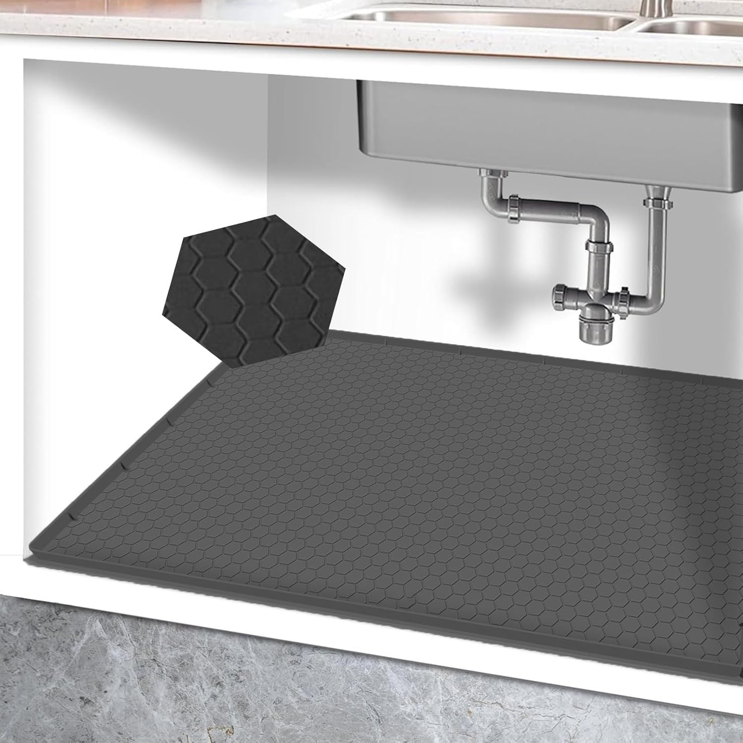 25” x 19” Waterproof Under Sink Mat for Bathroom/Kitchen - Silicone Cabinet Liner Shelf Protector Organizer,Leaks Flexible Drip Tray- Holds 3.5 Gallons - Dark Gray