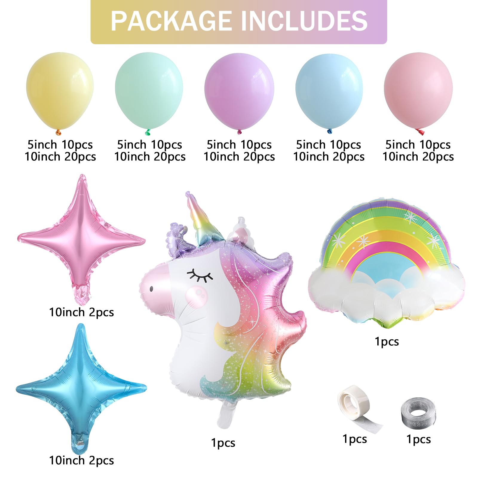 158pcs Unicorn Balloons Arch Garland Kit Pastel Pink Blue Yellow Balloons with Unicorn Rainbow Balloon Happy Birthday Baby Shower Party Wedding Decoration