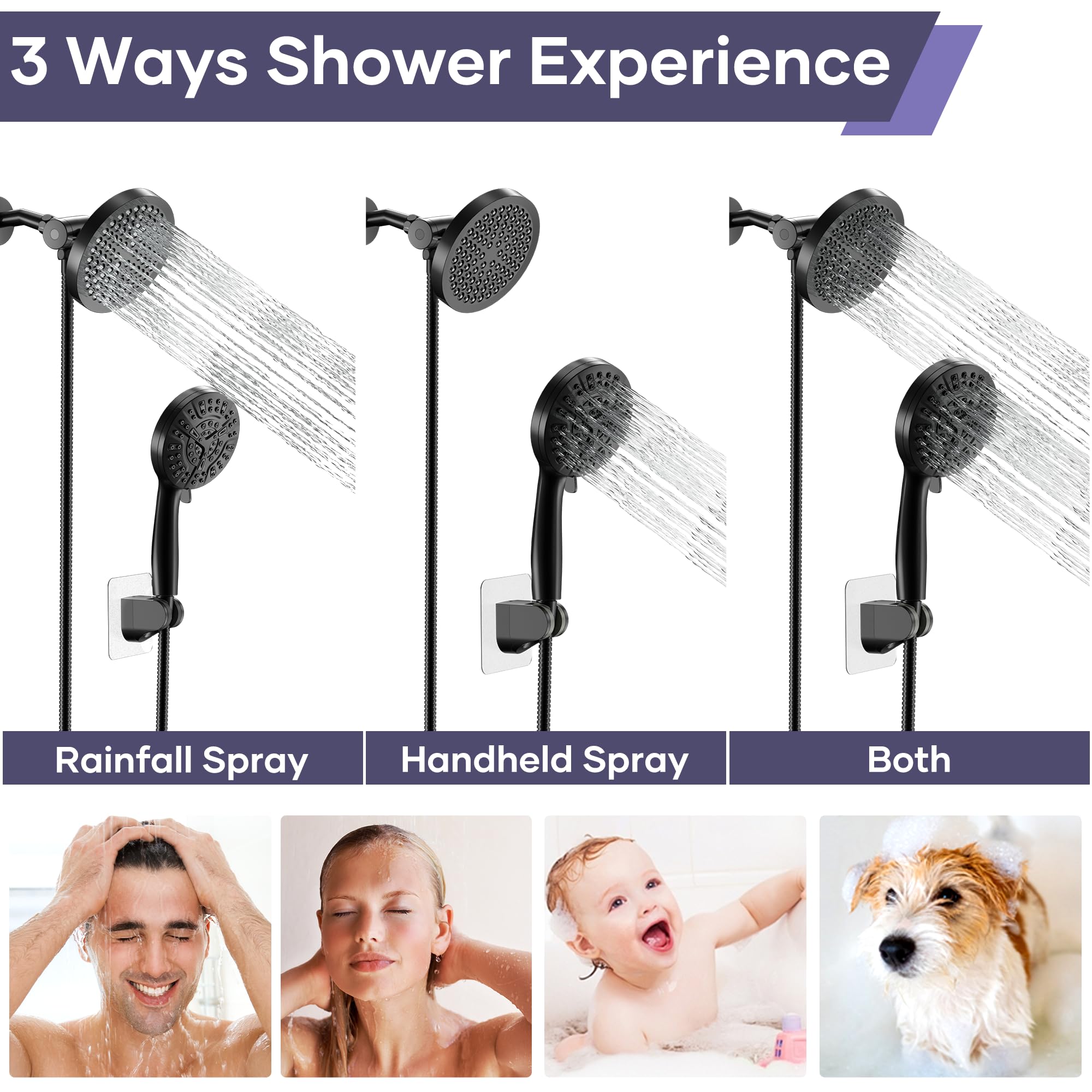 UltrTxenova Shower Head with Handheld Spray Combo, High Pressure Black Shower Head with Filters 10-Mode Rainfall Double Shower Head 78" Hose