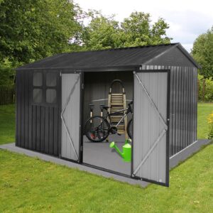 Jintop 10x8 FT Metal Frame Garden Sheds with Lockable Doors and Window,Outdoor Single-Storey Roofed Storage Shed,w/Waterproof Roofs,for Storing Bicycles,Lawnmowers,Barbeques,Dark-Grey