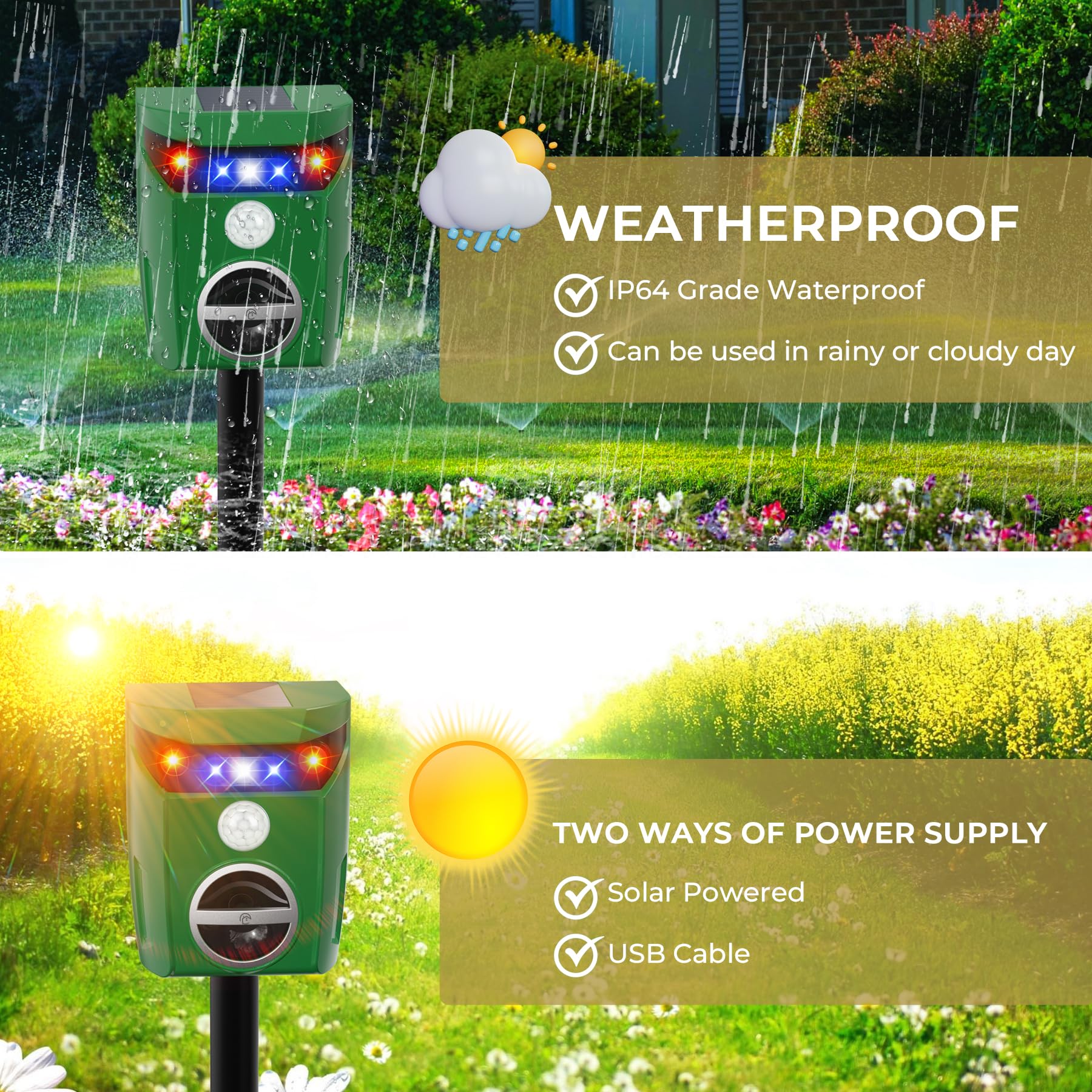 CritterTec Solar Powered Ultrasonic Animal Repellent with Flashing Lights and Adjustable Alarm Waterproof Motion Activated Cat Dog Deer Repellent for Yard Garden Farm Lawn 2 Pack