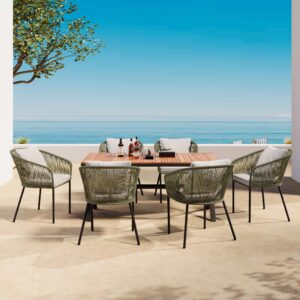 7 Pieces Patio Dining Set, All-Weather Outdoor Furniture Set with Dining Table and Chairs, Acacia Wood Tabletop, Metal Frame, for Garden,Backyard,Balcony,Modern Patio Furniture Set (Green)