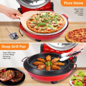 Upgrade Davivy 12" Indoor Electric Pizza Oven with Timer & Stone & Grill Pan, Countertop Pizza Oven Heats up to 800˚F, Portable Indoor Pizza Oven Cooker Countertop, Electric Indoor Pizza Cooker -Red