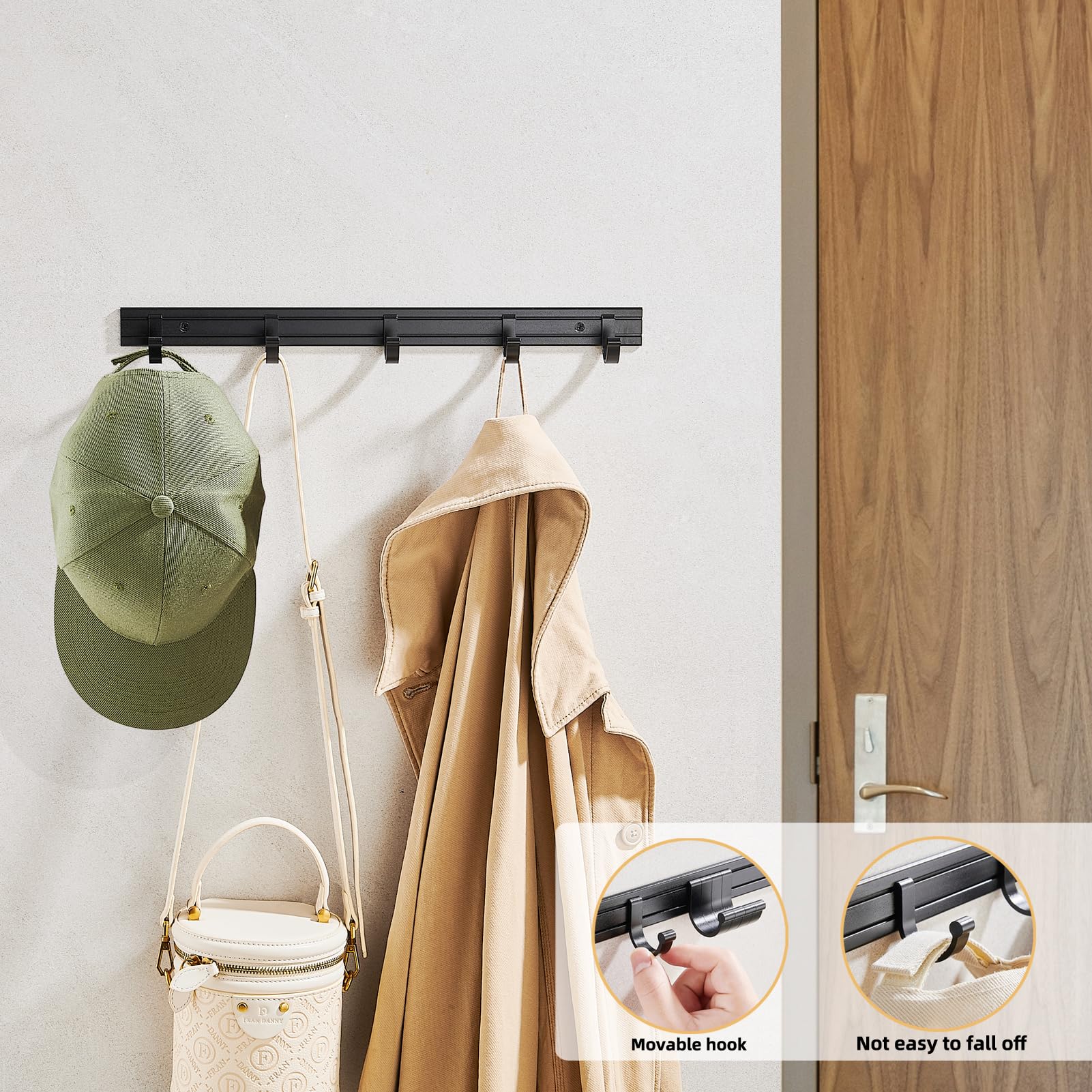 SIMVE Hat Organizer Rack for Baseball Caps Wall Mounted 15.7 in Removable 10 Aluminum Hook for Closet Door Room Entryway Metal Hanging Display Hanger Storage Holder for Towel Key Bag Coat Black