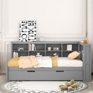 Twin Daybed with Trundle and Bookcase Headboard, Wood Platform Bed Frame with Charging Station and Storage Shelves, USB Port and Outlet Plug, No Box Spring Needed, Gray