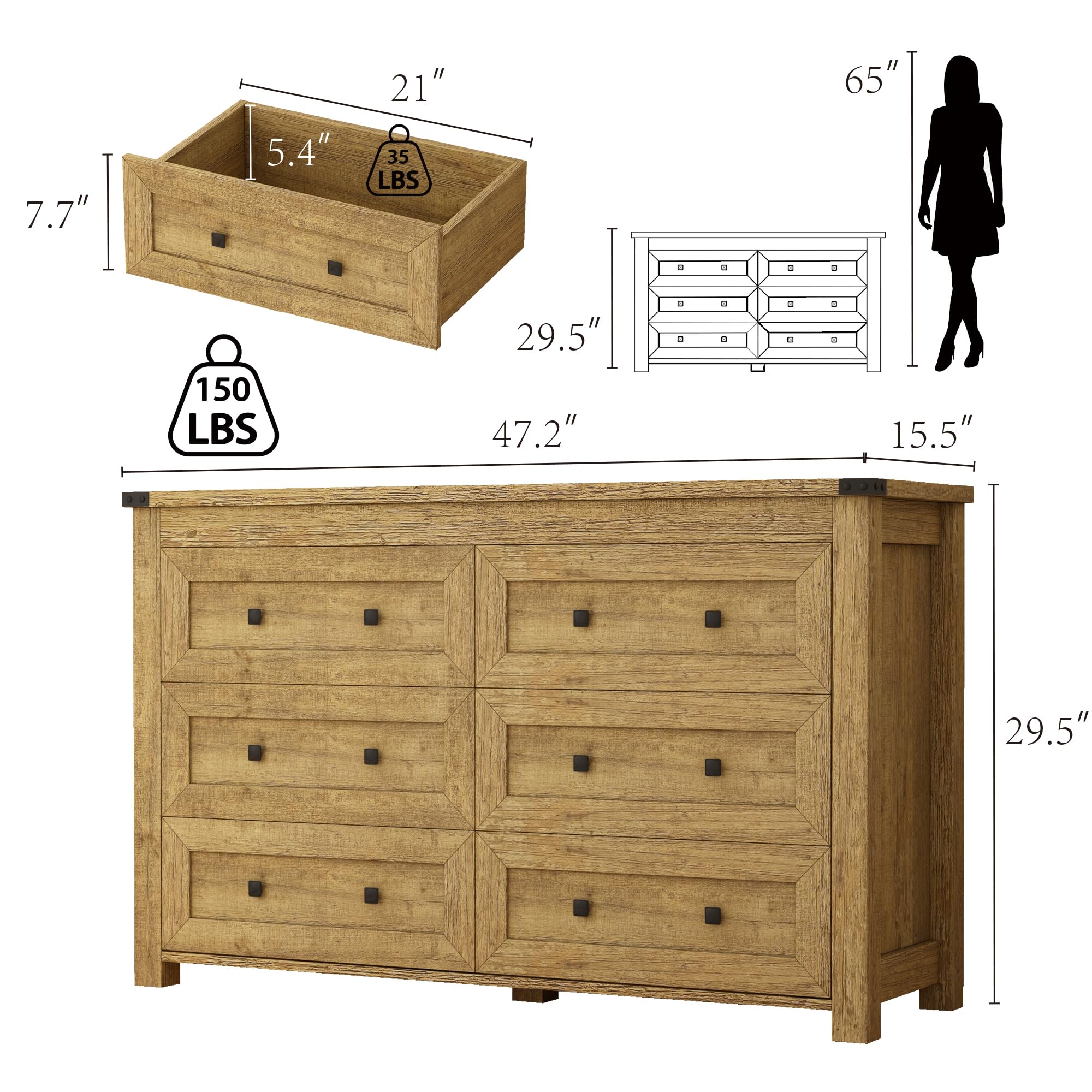 Dresser for Bedroom with 6 Drawers, Farmhouse Wood Chest of Drawers, Modern TV Stand Closet Storage Furniture with Metal Handle, Wide Clothes Organizer for Hallway, Living Room, Entryway, Gold Oak