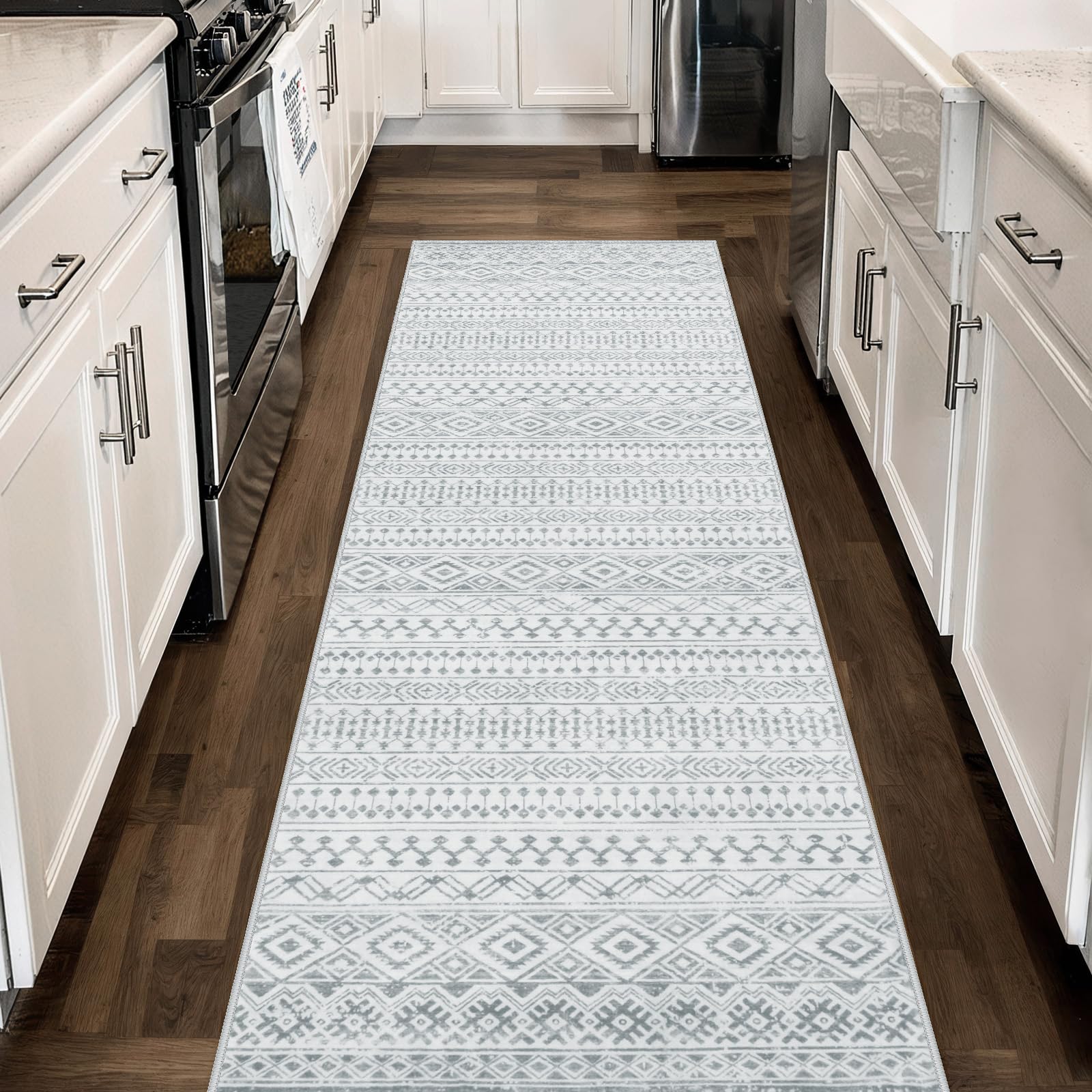 Sivilife 2X6 Kitchen Rugs Non Slip Runner Rugs with Rubber Backing, Grey Hallway Runner Moroccan Washable Rug Runner, Farmhouse Throw Rugs, Boho Carpet Runner for Bedroom Entryway Indoor Laundry