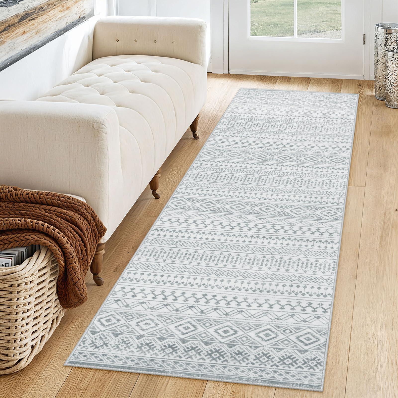 Sivilife 2X6 Kitchen Rugs Non Slip Runner Rugs with Rubber Backing, Grey Hallway Runner Moroccan Washable Rug Runner, Farmhouse Throw Rugs, Boho Carpet Runner for Bedroom Entryway Indoor Laundry