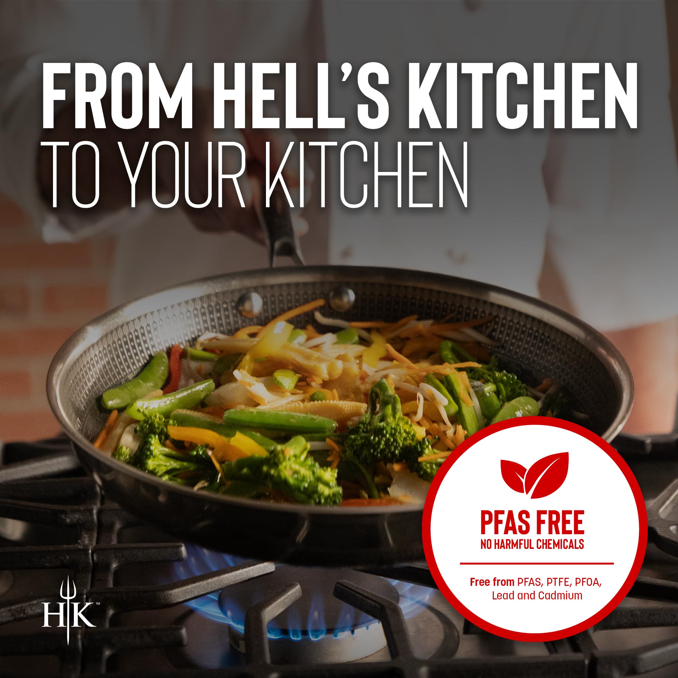 Hell's Kitchen Hybrid 12” Wok Pan and lid, Tri-Clad Stainless Steel and Nonstick Ceramic, PFAS Free, no PFOA, PTFE, or Teflon, Non Toxic Cookware, Metal Utensil Safe, All Cooktops and Oven Safe