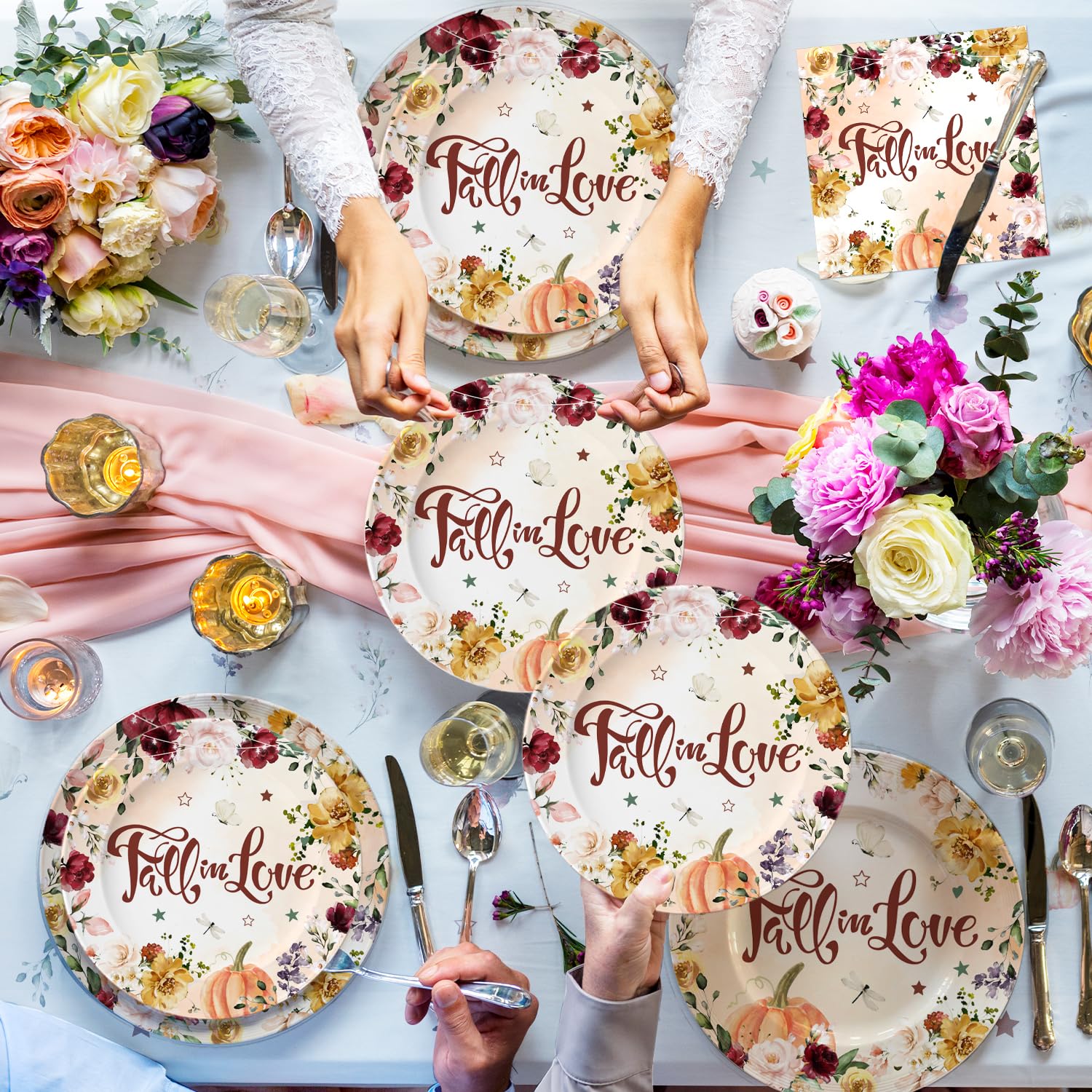 Fall in Love Bridal Shower Decorations Tableware 111pcs Romantic Theme Fall Wedding Decorations Set Include Plates,Napkins,Cups,Forks,Balloons,Waterproof Tablecloth and Banner for 20 Guests