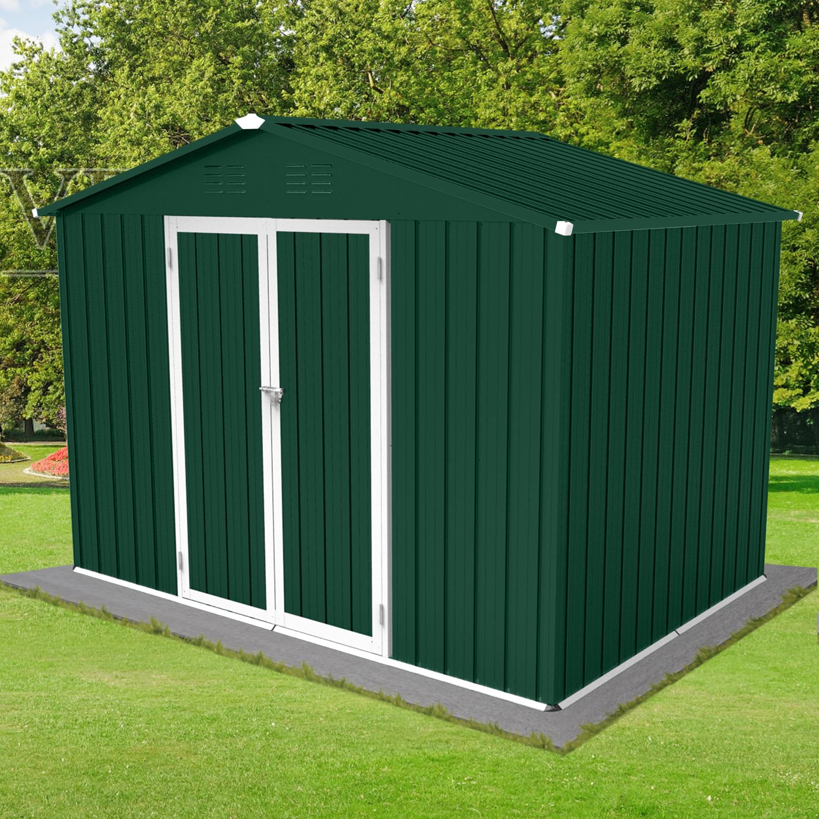 Jintop 6x8 FT Outdoor Storage Shed with Punched Vents and Hinged Door/Padlock,Metal Aluminum Garden Sheds w/Waterproof Roofs,Easy to Assemble,for Bike, Barbeque,Tool,Green+White