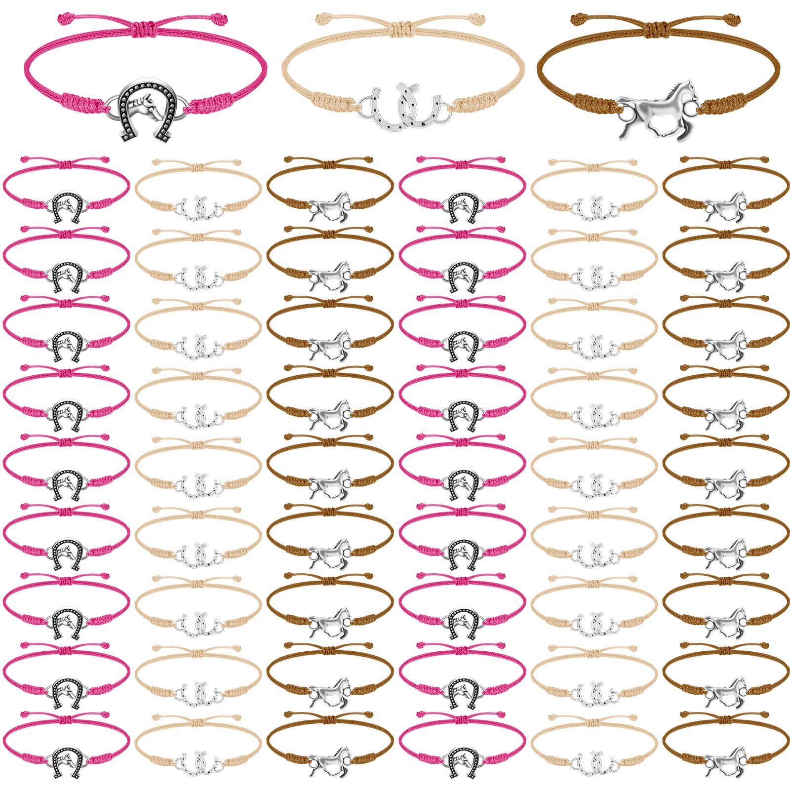 Sureio 48 Pcs Horse Rope Braided Bracelet Gifts Bulk Horse Goodie Party Favors Western Cowgirl Cowboy Adjustable Wedding Bridal Shower Bracelets for Women (Rose Red, Light Brown, Dark Brown)