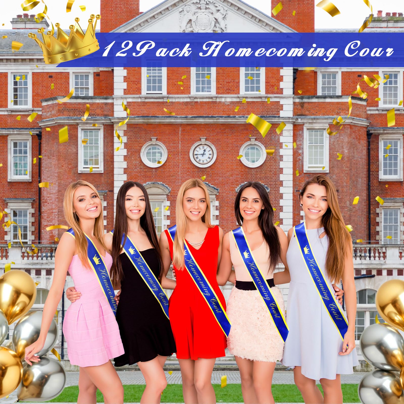 Lasnten 14 Pcs Homecoming Party Prom Sashes, Including 12 Pcs Homecoming Court Sashes and 2 Pcs Crown Prom King and Queen Sashes for Homecoming School Party Accessories (Blue, Gold)