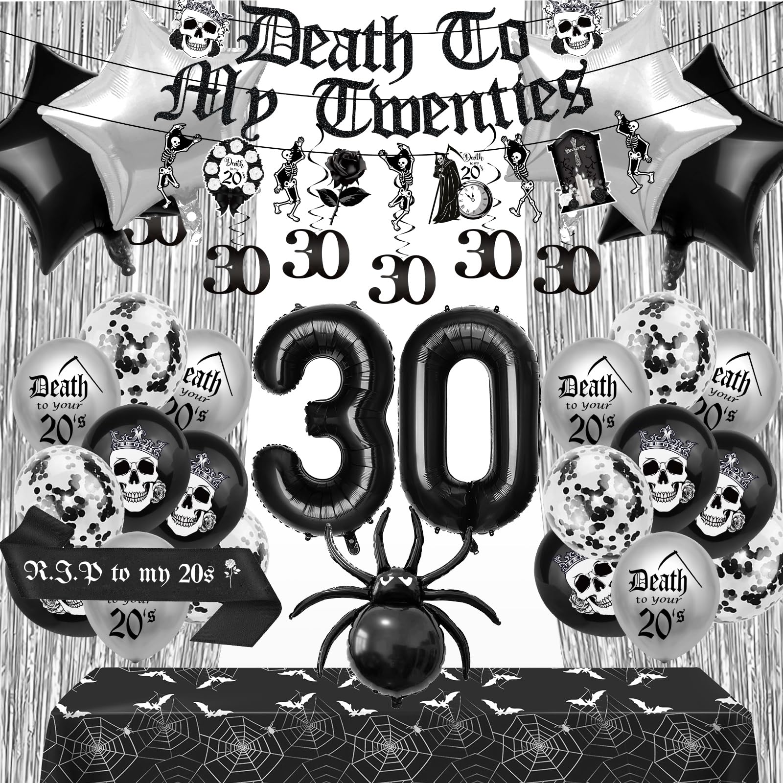 TSVATE Death to My 20s Decorations, 30th Birthday Decorations for Him, Rip to My 20s Birthday Decorations, Black 30th Birthday Decorations, 30 Balloon Numbers, Table Cloth, Cheers to 30 Years Dirty 30