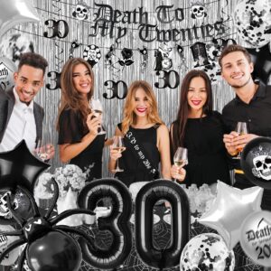 TSVATE Death to My 20s Decorations, 30th Birthday Decorations for Him, Rip to My 20s Birthday Decorations, Black 30th Birthday Decorations, 30 Balloon Numbers, Table Cloth, Cheers to 30 Years Dirty 30