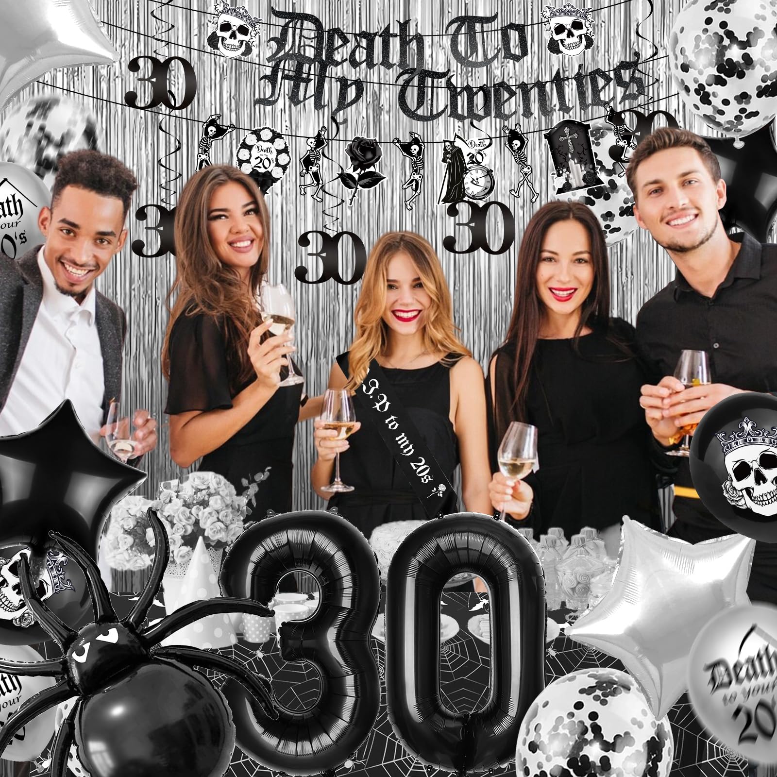 TSVATE Death to My 20s Decorations, 30th Birthday Decorations for Him, Rip to My 20s Birthday Decorations, Black 30th Birthday Decorations, 30 Balloon Numbers, Table Cloth, Cheers to 30 Years Dirty 30