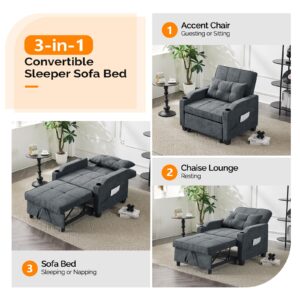 VINGLI Dark Grey Sleeper Chair Bed 3-in-1 Convertible Futon Sofa Bed Pull Out Couch Bed Adjustable Recliner Chair with USB Ports Cup Holders Side Pockets for Living Room Bedroom Small Spaces