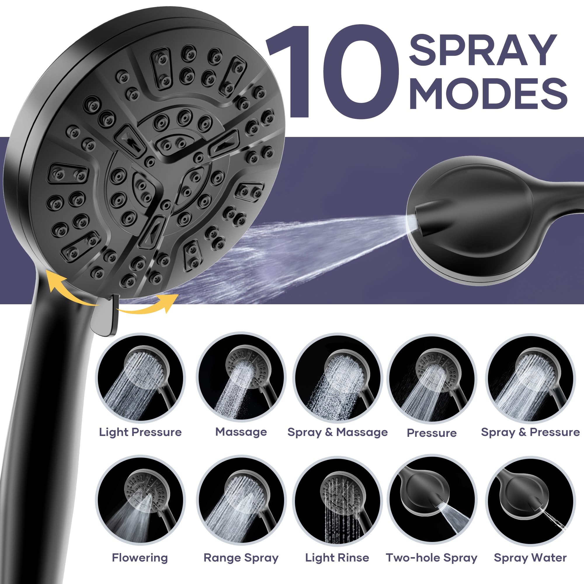 UltrTxenova Shower Head with Handheld Spray Combo, High Pressure Black Shower Head with Filters 10-Mode Rainfall Double Shower Head 78" Hose