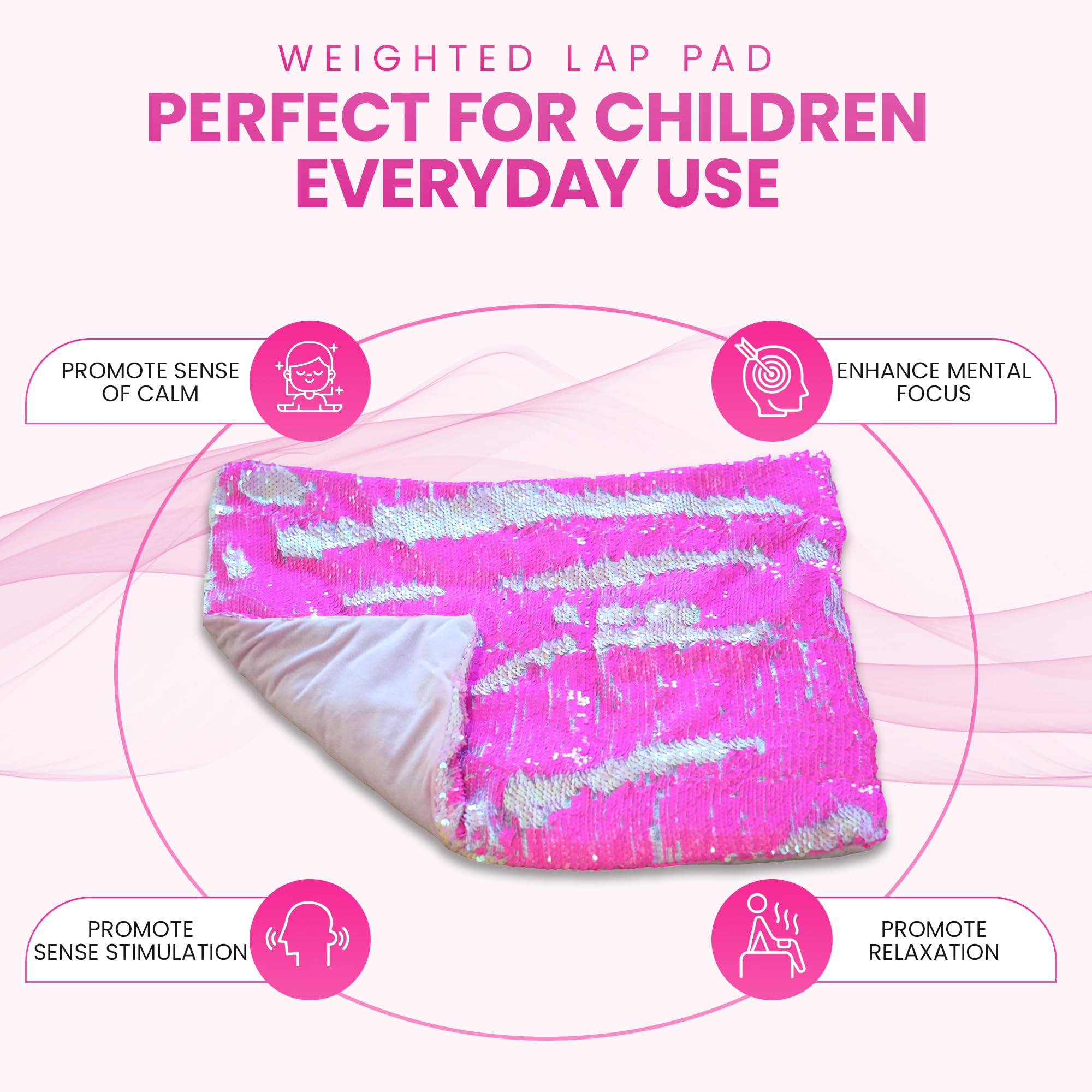 SENSORY4U Weighted Lap Pad for Kids - 5lb Sensory Lap Blanket with Sequin Flip Fabric for Tactile Stimulation Engagement - Sensory Companion for Everyday Use (Pink)