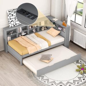 twin daybed with trundle and bookcase headboard, wood platform bed frame with charging station and storage shelves, usb port and outlet plug, no box spring needed, gray