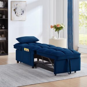 Bellemave 4 in 1 Convertible Sleeper Sofa Chair, Single Pull Out Couch with 6-Level Adjustable Backrest&Pillows,Modern Velvet Sofa Bed with Storage Pockets for Bedroom Living Room Small Space（Navy）