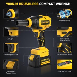 XGOLD DEVONIC Cordless Impact Wrench,750Ft-lb(980N.m) Brushless Impact Gun,2900RPM High Torque Impact Wrench,1/2 Inch with 3 Models,Charger & 6 Sockets, Power Impact Driver for Car Home