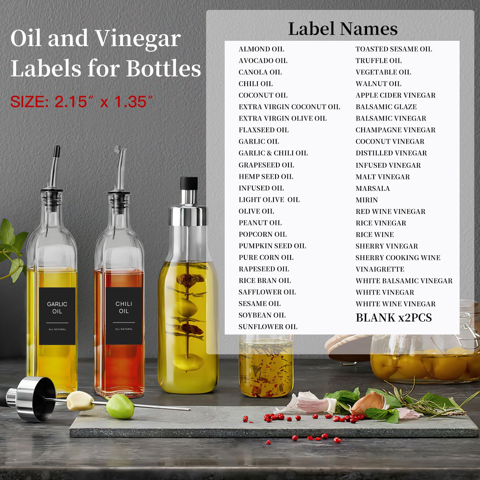 HVSWLY 50 Oil and Vinegar Labels for Bottles,Preprinted Condiments Label Stickers for Organizing Oil Dispenser Bottles, Black Matte Minimalist Oil Jar Labels