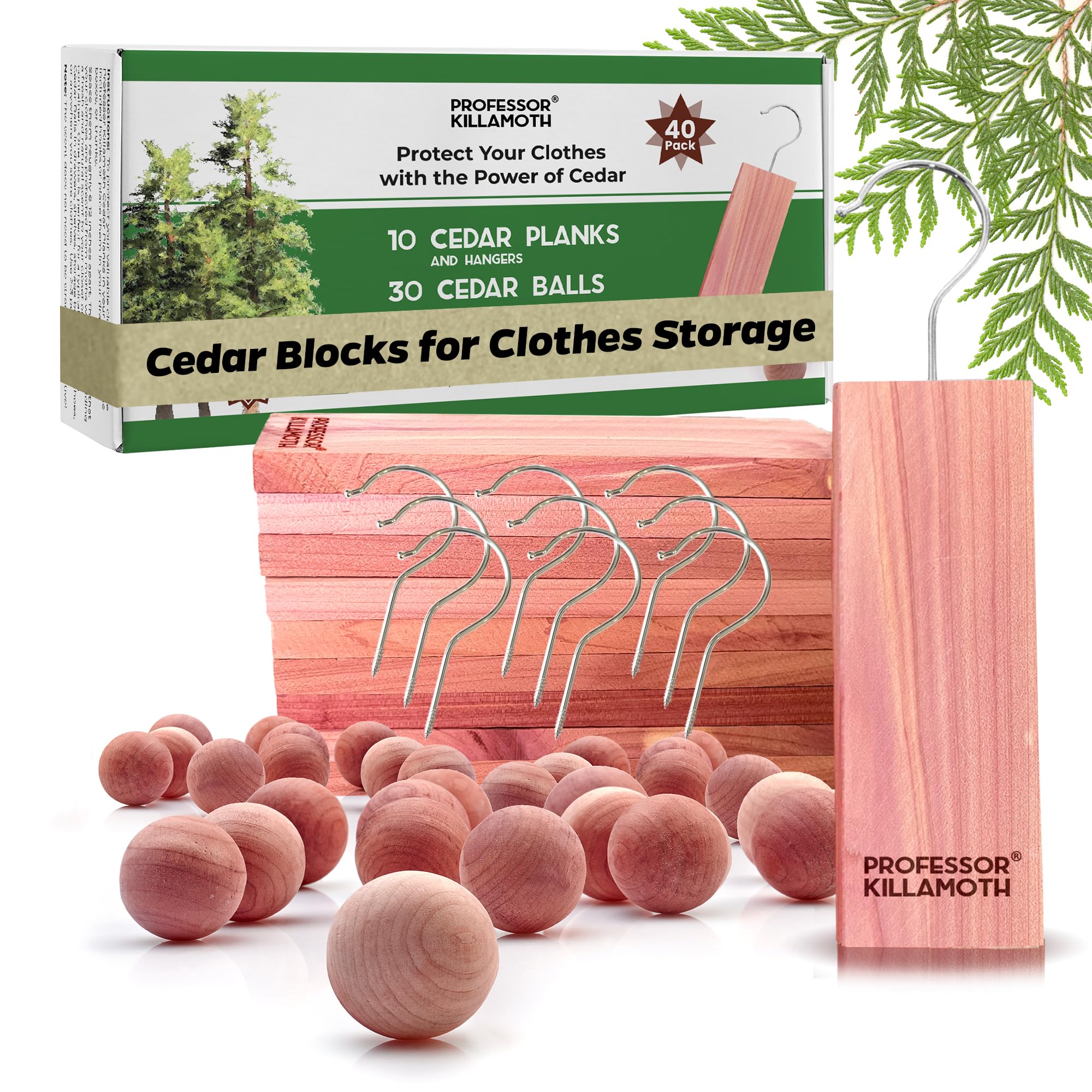 Cedar Blocks and Balls for Clothes Storage 40 Pack – Stop Clothes Damage - 10 Fresh Cedar Planks and Hangers Plus 30 Cedar Balls to Protect Your Clothes