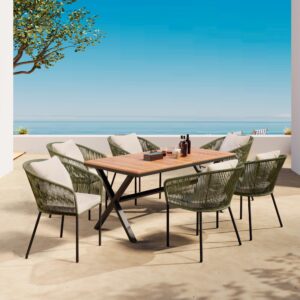 7 pieces patio dining set, all-weather outdoor furniture set with dining table and chairs, acacia wood tabletop, metal frame, for garden,backyard,balcony,modern patio furniture set (green)