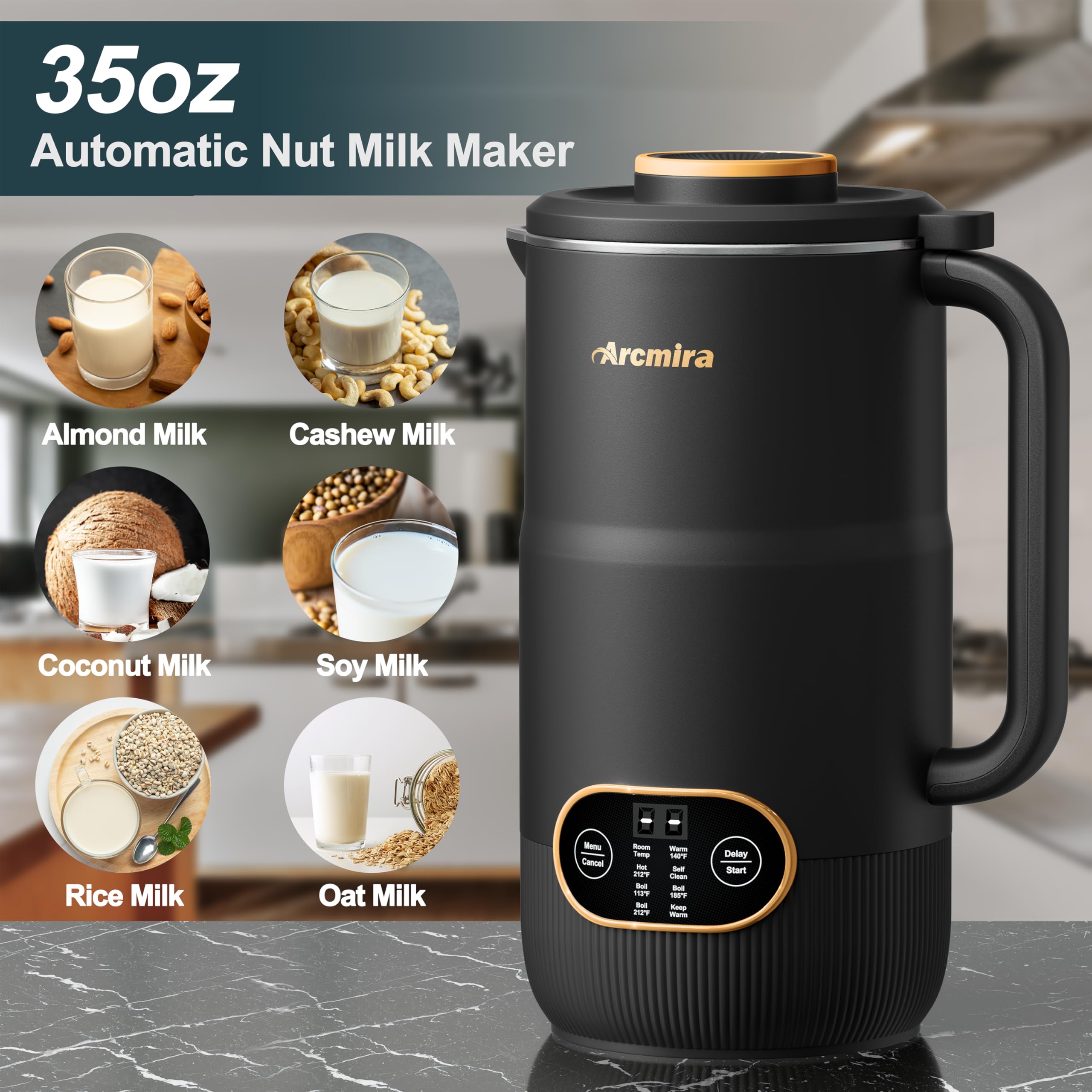 Arcmira Automatic Nut Milk Maker, 35oz(1000ml) Homemade Almond, Oat, Coconut, Soy, Plant Based Milks and Non Dairy Beverages, Soy Milk Maker Machine with Delay Start/Keep Warm/Self-Cleaning/Boil Water